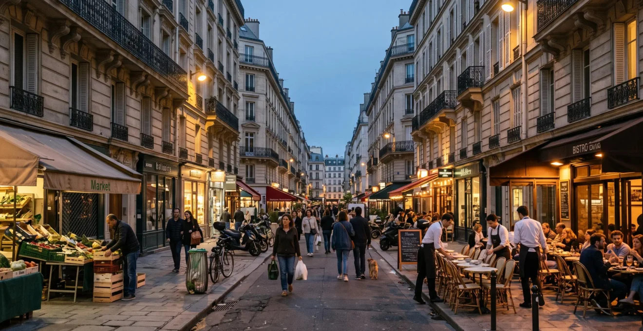 Une rue commerçante d'une grande ville française animée au crépuscule, avec des terrasses de café, des passants et des magasins encore éclairés.