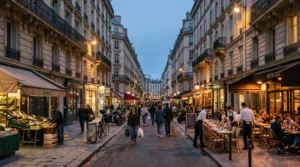 Une rue commerçante d'une grande ville française animée au crépuscule, avec des terrasses de café, des passants et des magasins encore éclairés.