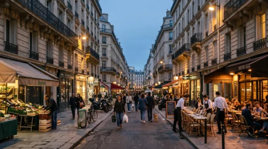 Une rue commerçante d'une grande ville française animée au crépuscule, avec des terrasses de café, des passants et des magasins encore éclairés.