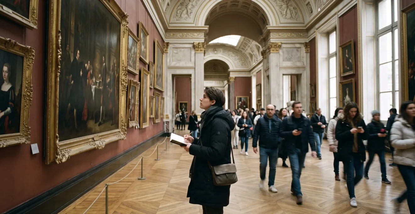 Une visiteuse observe attentivement un tableau dans une grande galerie de musée tandis que la foule défile derrière elle.