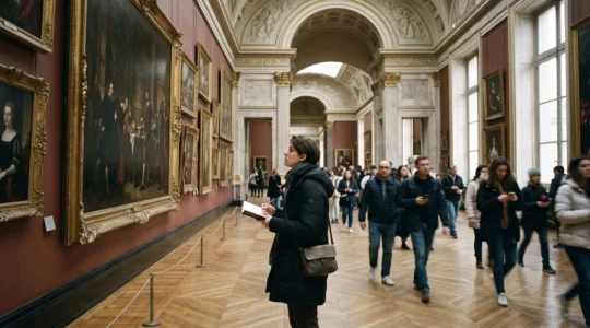 Une visiteuse observe attentivement un tableau dans une grande galerie de musée tandis que la foule défile derrière elle.